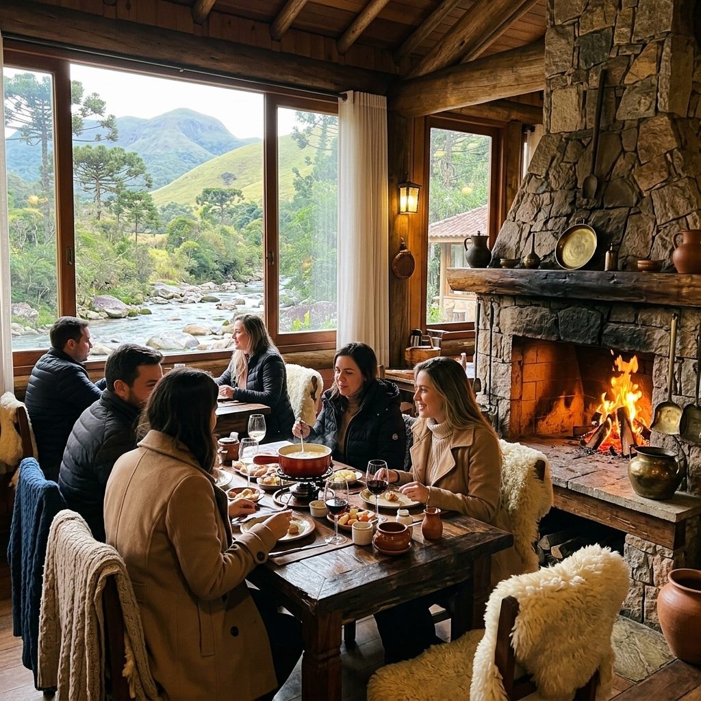 Fondue à beira da lareira no inverno de Visconde de Mauá
