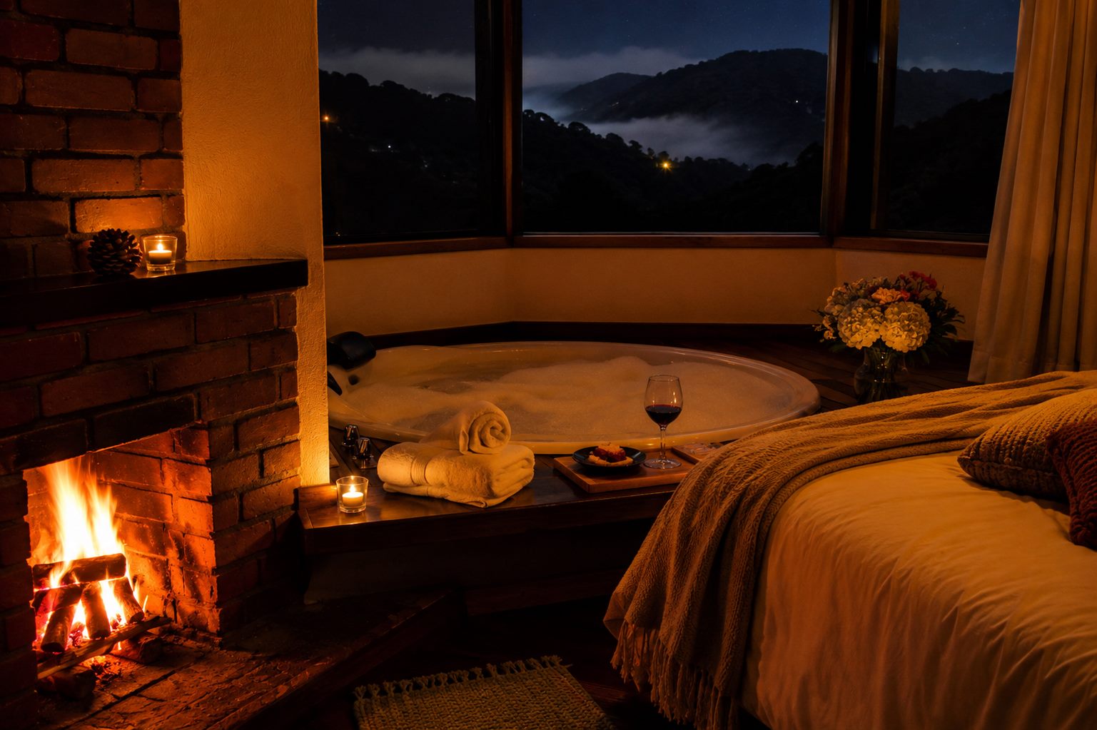 Chalé aconchegante com lareira acesa e ofurô em noite de inverno em Visconde de Mauá