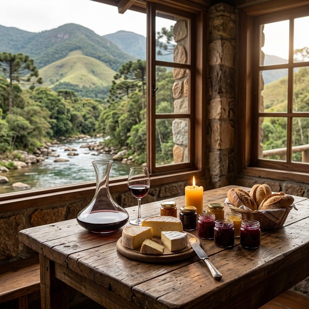 Mesa de degustação com vinho, queijos e geleias com vista para a serra em Visconde de Mauá