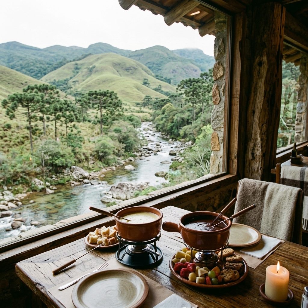 Fondue de queijo e chocolate em chalé aconchegante em Visconde de Mauá